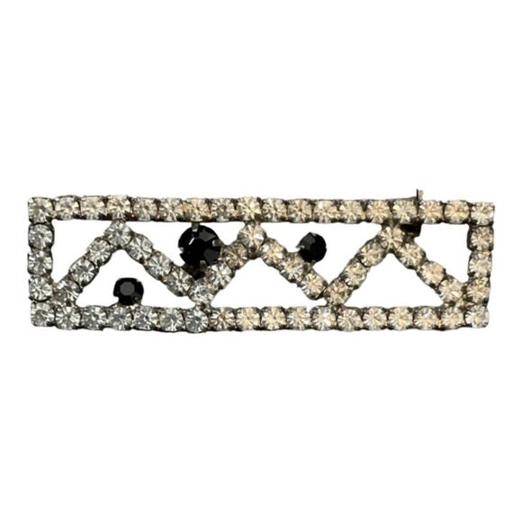 Vintage Rhinestone Brooch Silver Tone Metal Black Clear Zig Zag Chevron - Picture 1 of 2